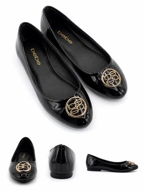 bebe Black Ballet Flats with Gold Logo Accent - Size 8.5